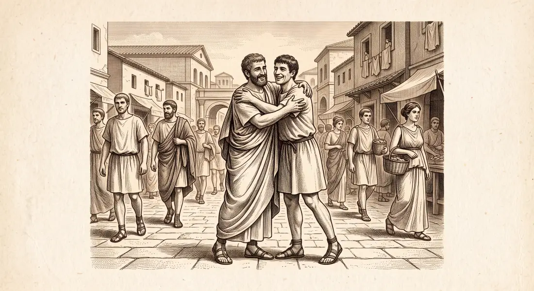 Two ancient Roman friends embracing warmly in greeting on a sunlit street, genuine affection, others passing by