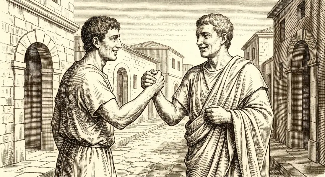 Two ancient Roman men greeting each other warmly in a street, clasping right hands, smiling, a bond of friendship, warm daylight