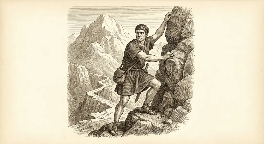 A determined ancient Roman man climbing a steep rocky mountain path, reaching upward with resolve, distant peak above, morning light