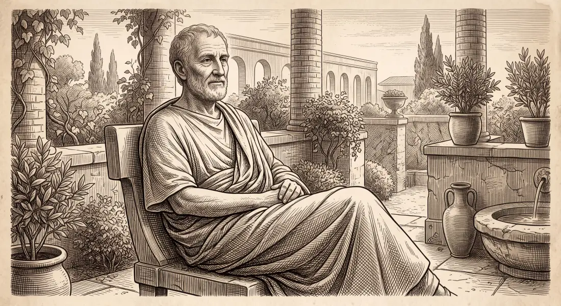A calm elderly ancient Roman at peace at the end of a life well lived, seated in a garden at golden hour, serene and fulfilled
