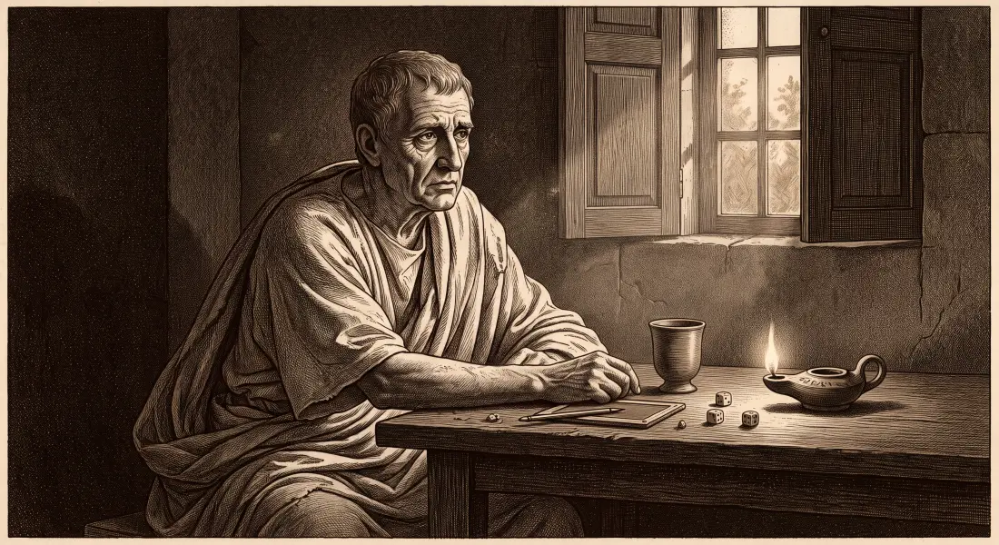 An old ancient Roman man at the end of life looking back with regret over an empty hourglass, autumn light, a sense of squandered years