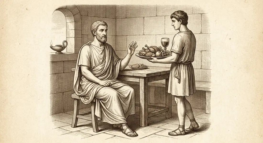 A calm, self-controlled ancient Roman man at a modest table raising his hand to decline a tray of rich food and wine offered by a servant, choosing moderation, dignified