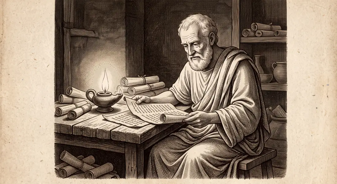 An elderly ancient Roman man studying an open papyrus scroll intently by soft lamplight, still learning in old age, serene and absorbed