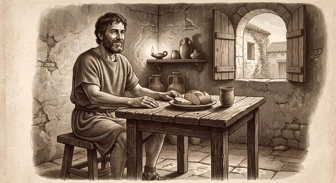 A serene, modestly dressed ancient Roman man sitting content at a simple table with bread and water, calm and untroubled, warm plain room