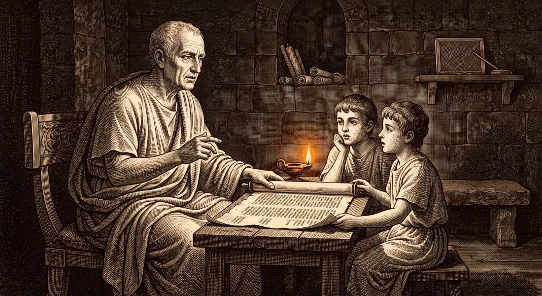 An ancient Roman teacher explaining a scroll to two attentive pupils, and clearly thinking deeply himself as he speaks, lamplit study