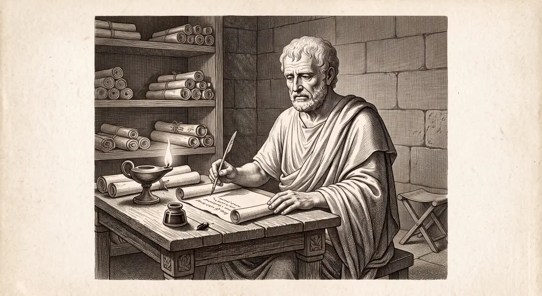 The philosopher Seneca as an older ancient Roman man seated at his writing desk, quill in hand, composing a letter on papyrus by lamplight, calm and reflective, scrolls around him