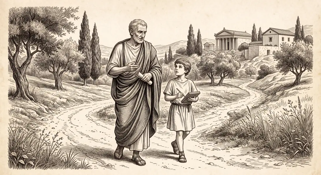 An older ancient Roman master and a young pupil walking together, the master demonstrating by his own conduct, a bond of mentor and student