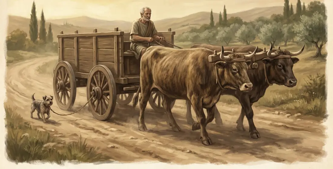 A rustic Roman ox-cart moving along a country road, a dog tied to the back of it trotting alongside, open fields, warm daylight
