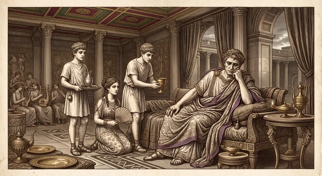 A richly dressed ancient Roman noble surrounded by servants and gold, yet looking trapped and weary, a gilded but joyless hall