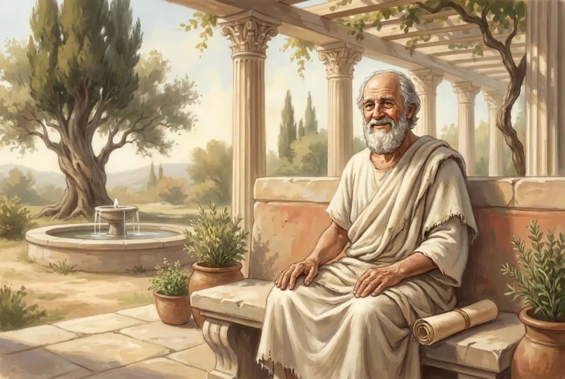 A serene, content elderly Roman man in a plain toga, sitting quietly in a sunlit garden with a scroll on his lap, a faint peaceful smile, at ease with himself
