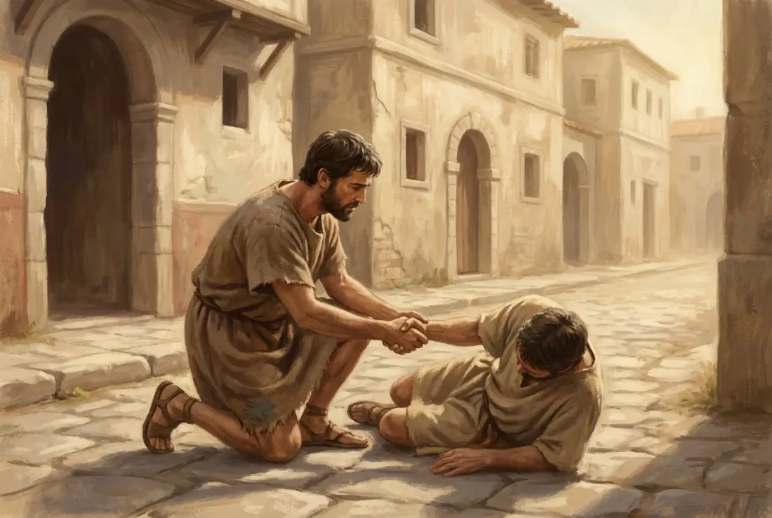 A Roman traveler kneeling to help a fallen stranger up from a stone road, offering his hand, warm daylight