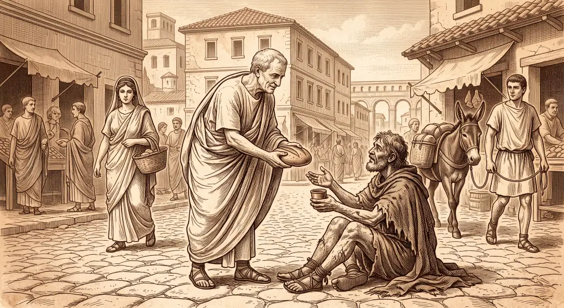 An ancient Roman offering bread to a poor stranger in the street, a gesture of kindness, other citizens nearby, warm daylight