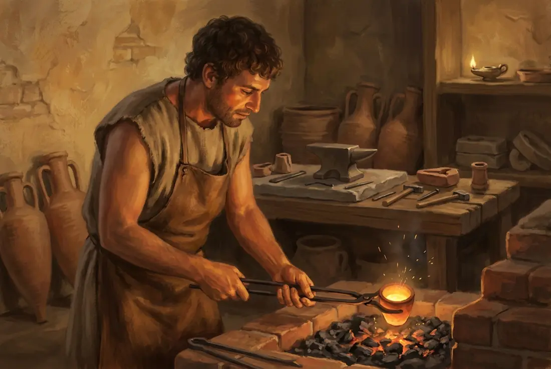 A Roman goldsmith holding a small crucible of glowing molten gold over a bright fire, a few sparks rising, warm workshop light