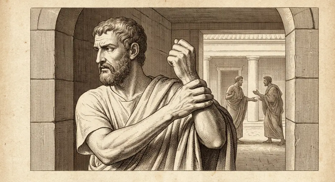 A composed ancient Roman man calmly staying his own raised hand and turning away from a quarrel, mastering his anger with self-control, dignified