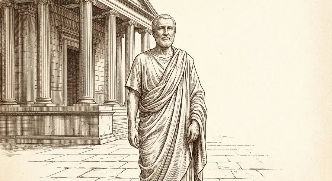 A dignified, calm ancient Roman man standing upright and self-possessed in the open air before a temple, at peace, master of himself, warm daylight