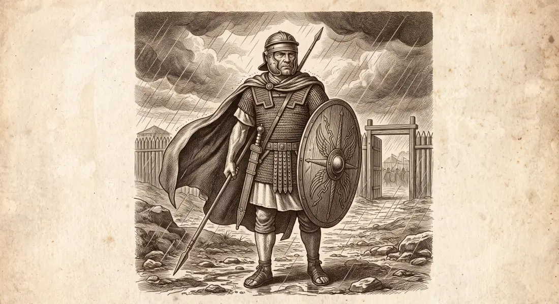A resolute ancient Roman soldier standing firm at his post through hardship, shield ready, steadfast expression, rough weather