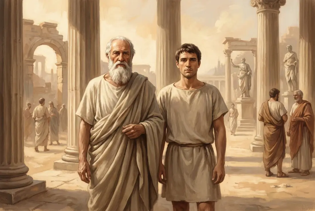An elderly white-bearded Roman and a calm young Roman standing side by side in a sunlit Roman forum, two ages of a life