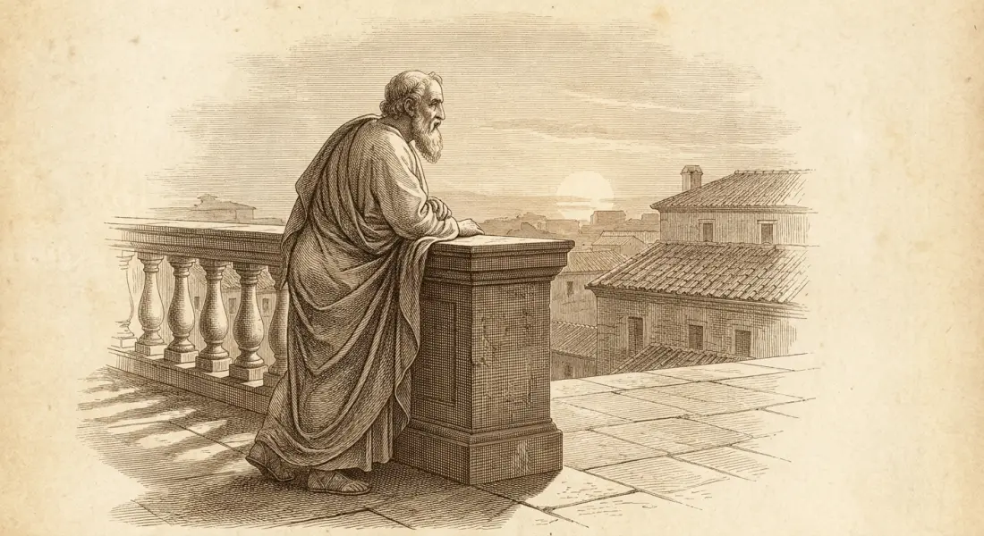 A calm, serene elderly ancient Roman man standing on a terrace at sunset, gazing peacefully at the setting sun with gentle acceptance, long shadows, warm evening light