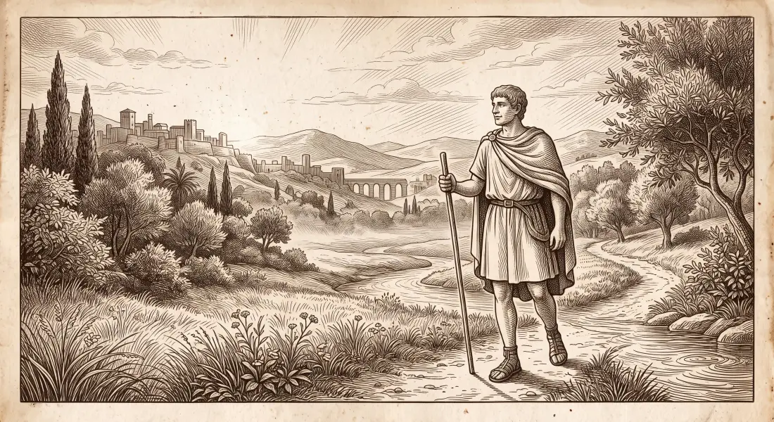 A serene ancient Roman walking in harmony through a green natural landscape at dawn, at peace with the world around him