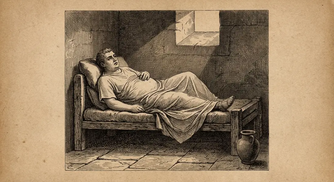 A well-fed idle ancient Roman man reclining alone and bored on a plain couch in a Roman room, doing nothing, no book, midday light through a window