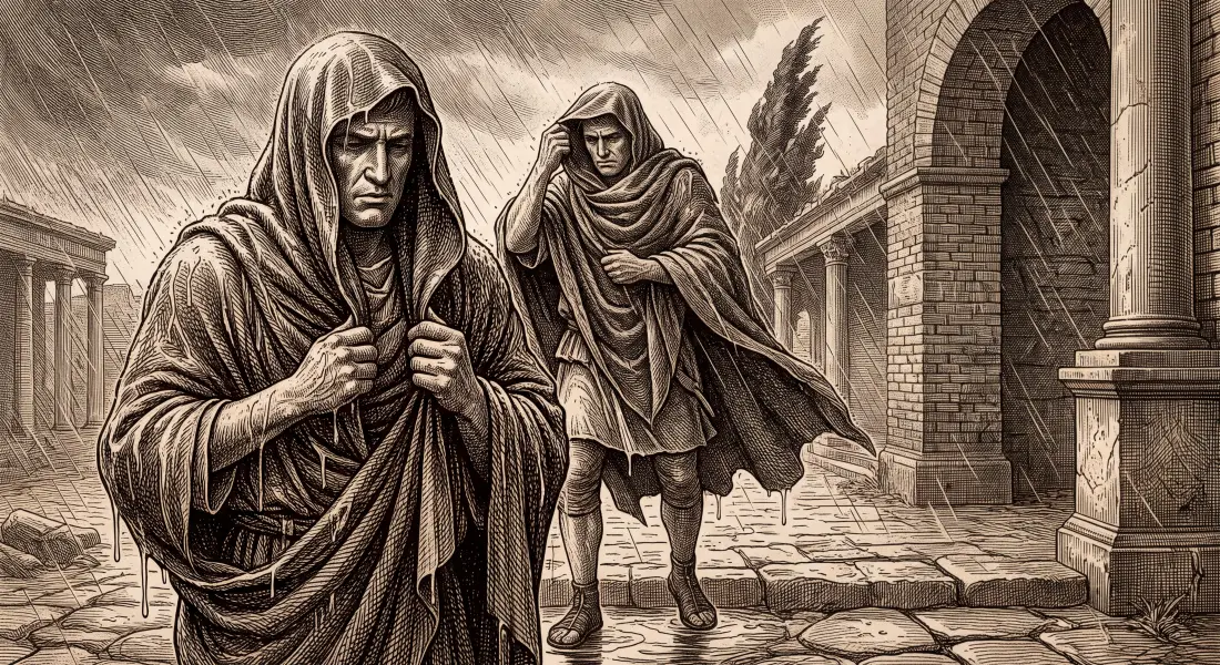 A calm ancient Roman standing steady in wind and rain, cloak wrapped around him, accepting the storm with quiet composure