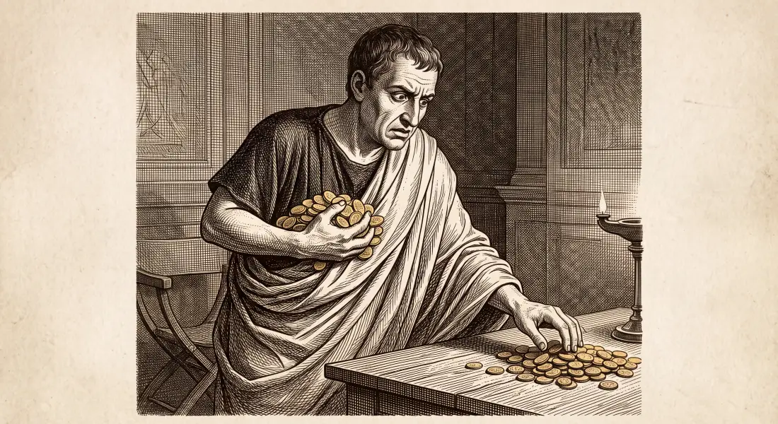A wealthy but anxious ancient Roman man clutching a heap of gold coins with a hungry, dissatisfied expression, still reaching for more, dim room