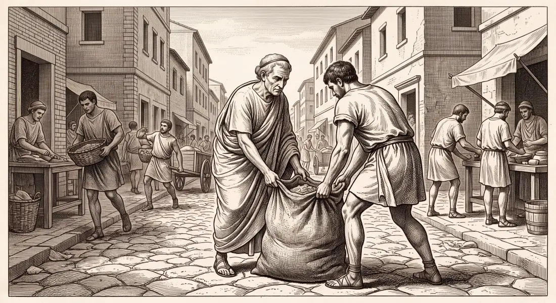 An ancient Roman philosopher not lecturing but quietly helping a workman lift a heavy load, philosophy shown as deed, street scene