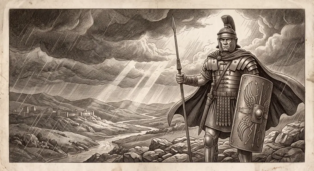 A calm strong ancient Roman soldier standing firm in a storm on a hilltop, unbroken, resolute, dark clouds behind, shafts of light