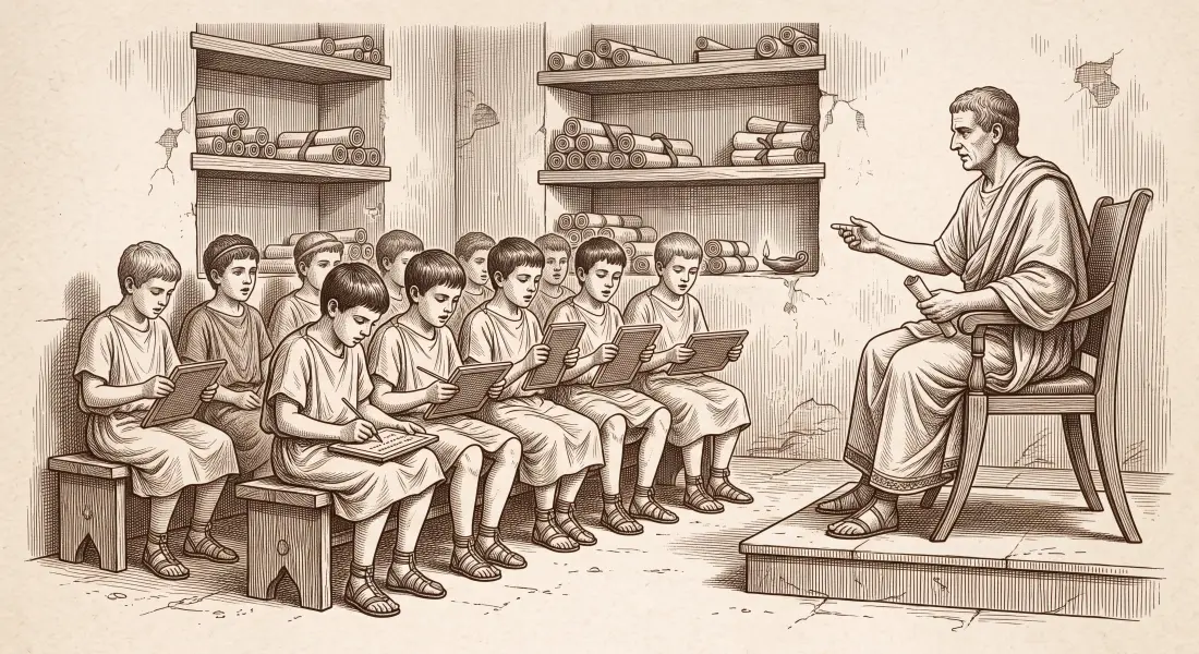 A Roman schoolroom with a teacher and boys reciting from wax tablets, dusty scrolls, a scene of rote learning