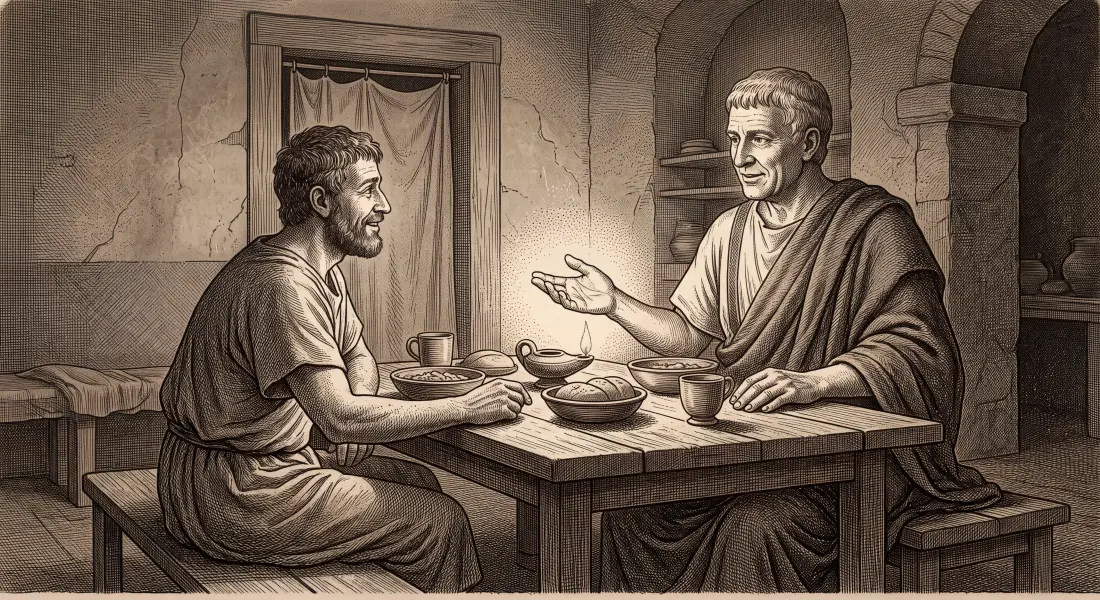 An ancient Roman master kindly sharing his dining table with a household servant as an equal, both seated, a gesture of shared humanity, warm lamplight