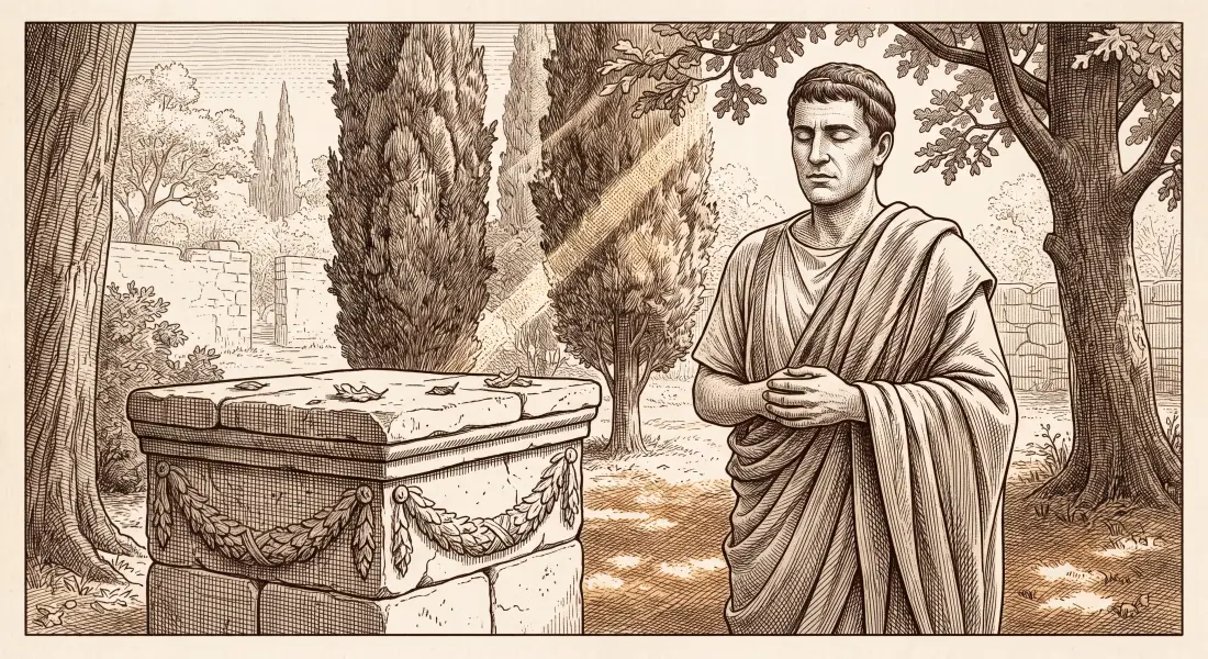 An ancient Roman man standing quietly in a sunlit grove beside a simple altar, eyes closed in calm reflection, a sense of an inner presence, soft light