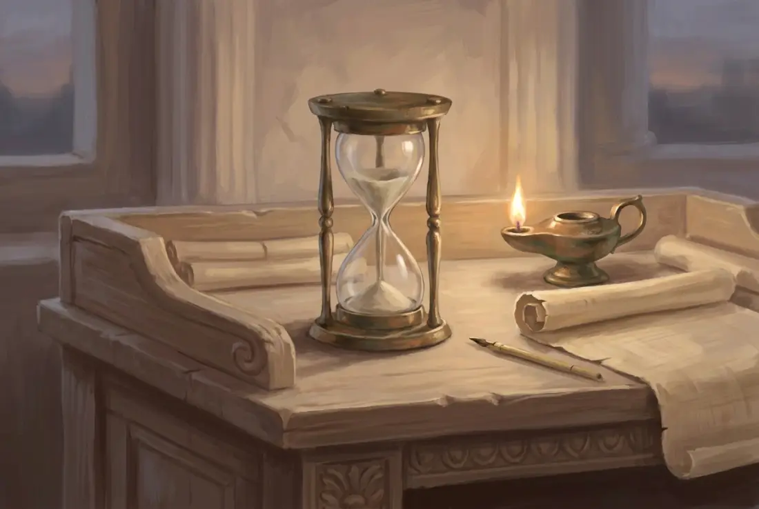 An hourglass on a Roman writing desk, sand running low, an oil lamp and a half-unrolled scroll beside it, warm evening light