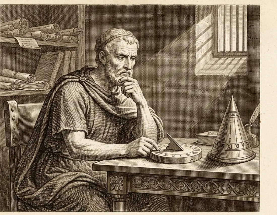 An ancient Roman man alone in a quiet room turning an hourglass or looking thoughtfully at a small sundial, aware of passing time, calm resolve, morning light
