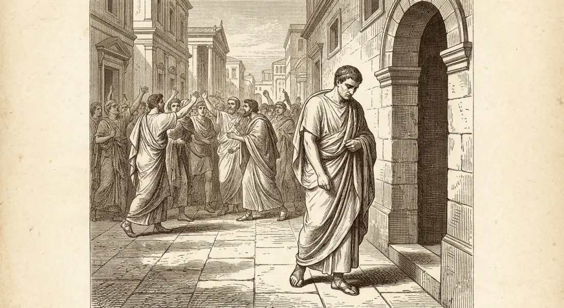 A single thoughtful ancient Roman man turning away from a noisy crowd and walking alone toward a quiet doorway, choosing solitude, warm daylight