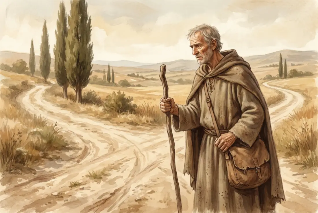 A weary ancient Roman traveler with a walking staff and a travel bag standing at a crossroads of several roads, unsure which to take, open country behind