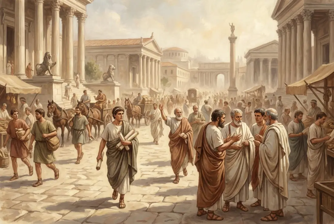 A busy, crowded ancient Roman forum, people hurrying in every direction, merchants and clients, a sense of rush