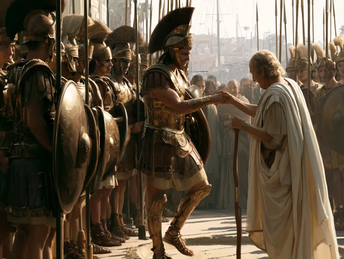 Antiochus steps from the circle to take the old envoy's hand