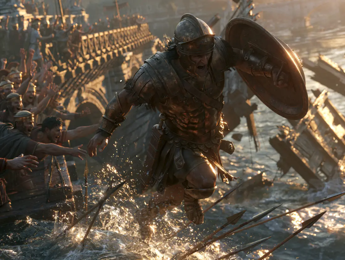 Horatius leaping from the falling bridge into the Tiber