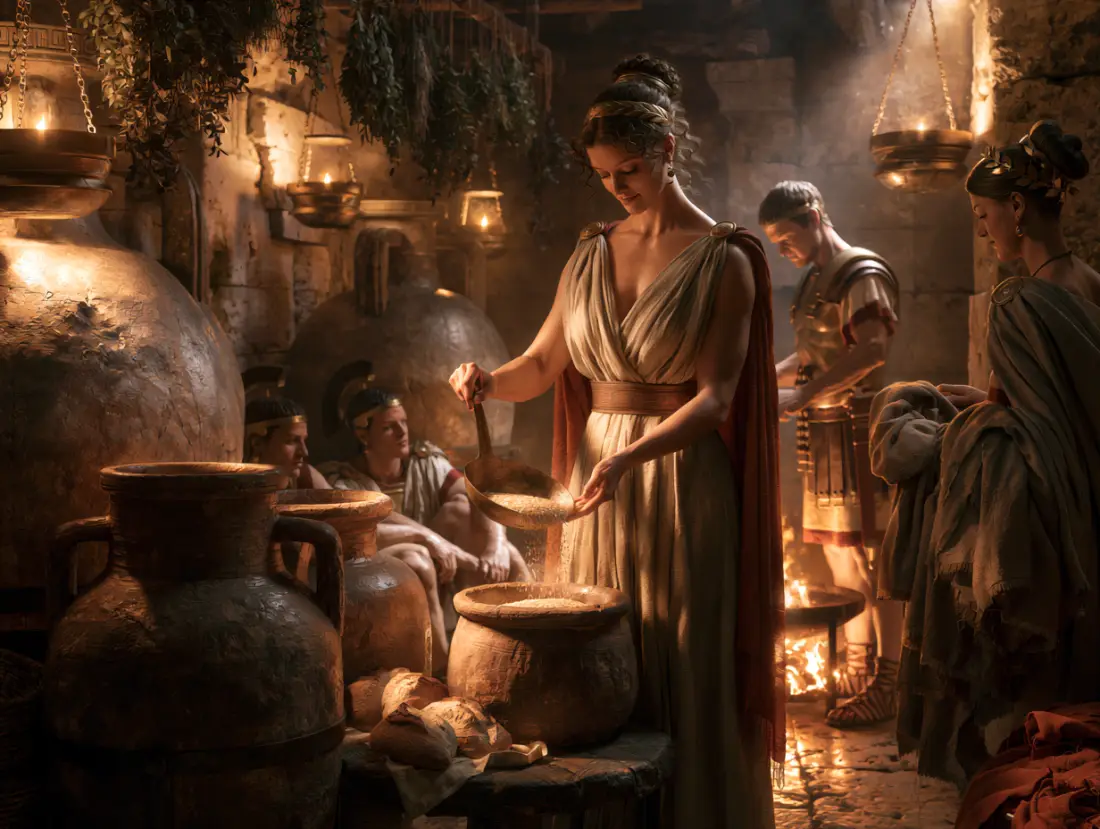 Busa in her storehouse, giving out grain with her own hands