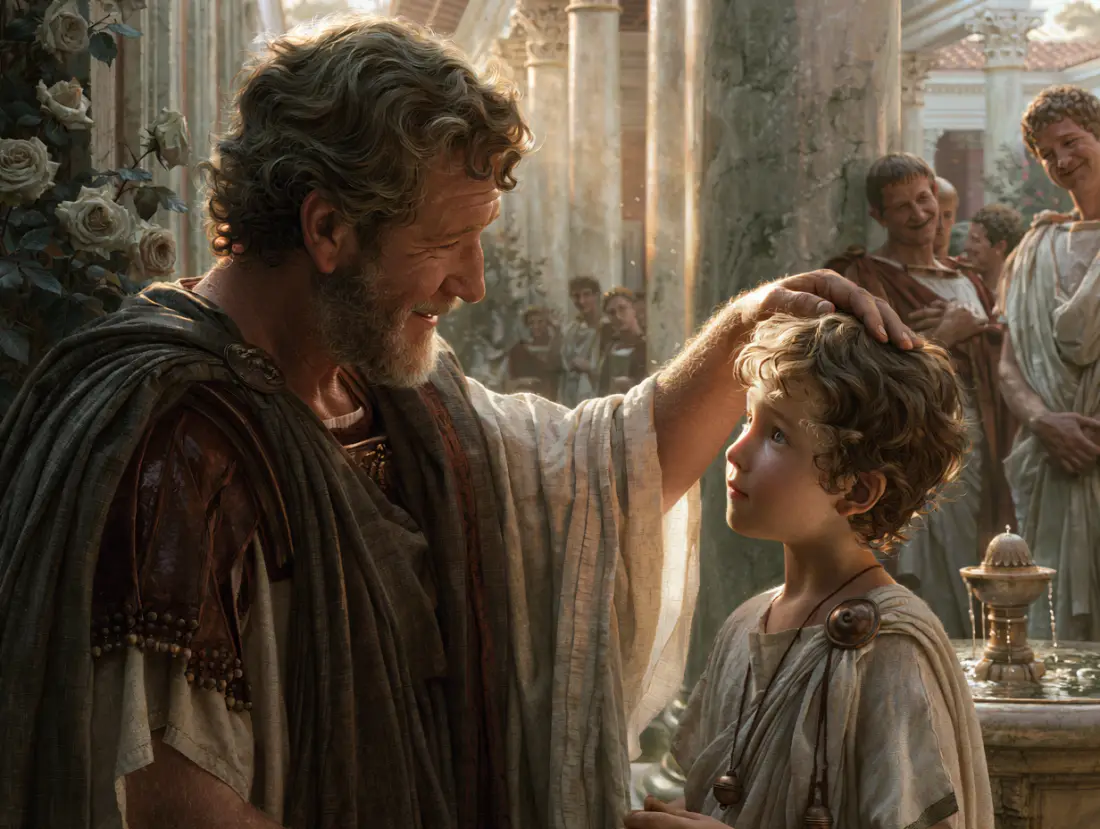 Hadrian in the garden, his hand on the truthful boy's head